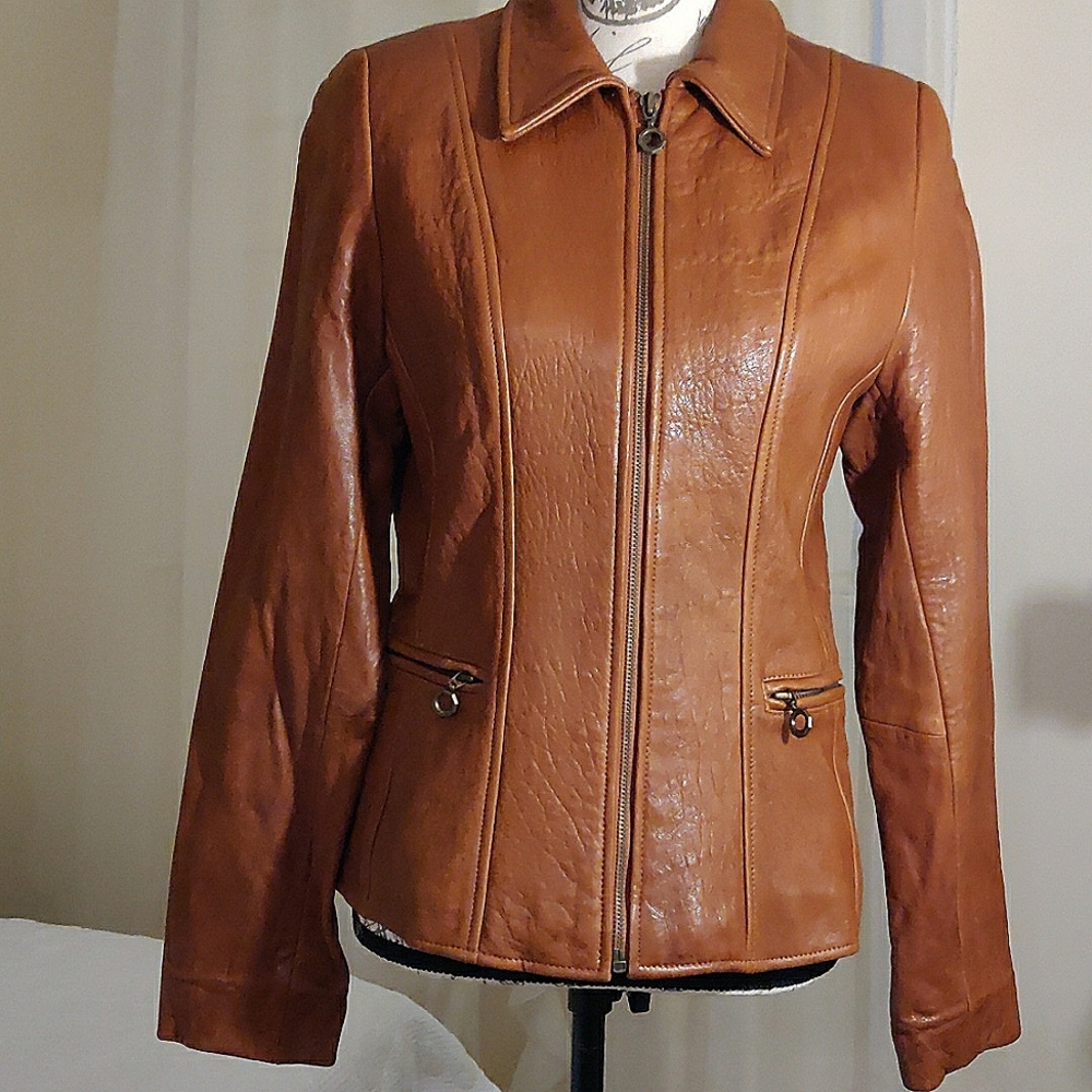Leather Jacket Lined Size Small by Studio Siena. Color Cognac